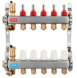 Collettore a 10 vie con valvole termostatiche e flussometro, acciaio INOX